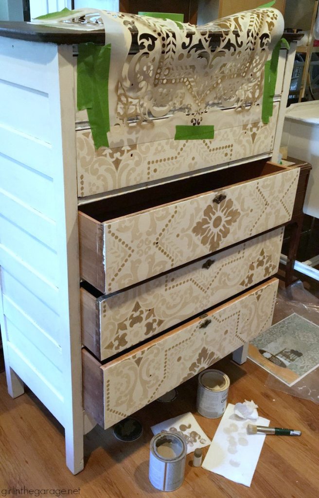 Antique dresser makeover - yard sale highboy with Chalk Paint, stencil, and decoupage drawers - a soft rustic bohemian look by Girl in the Garage