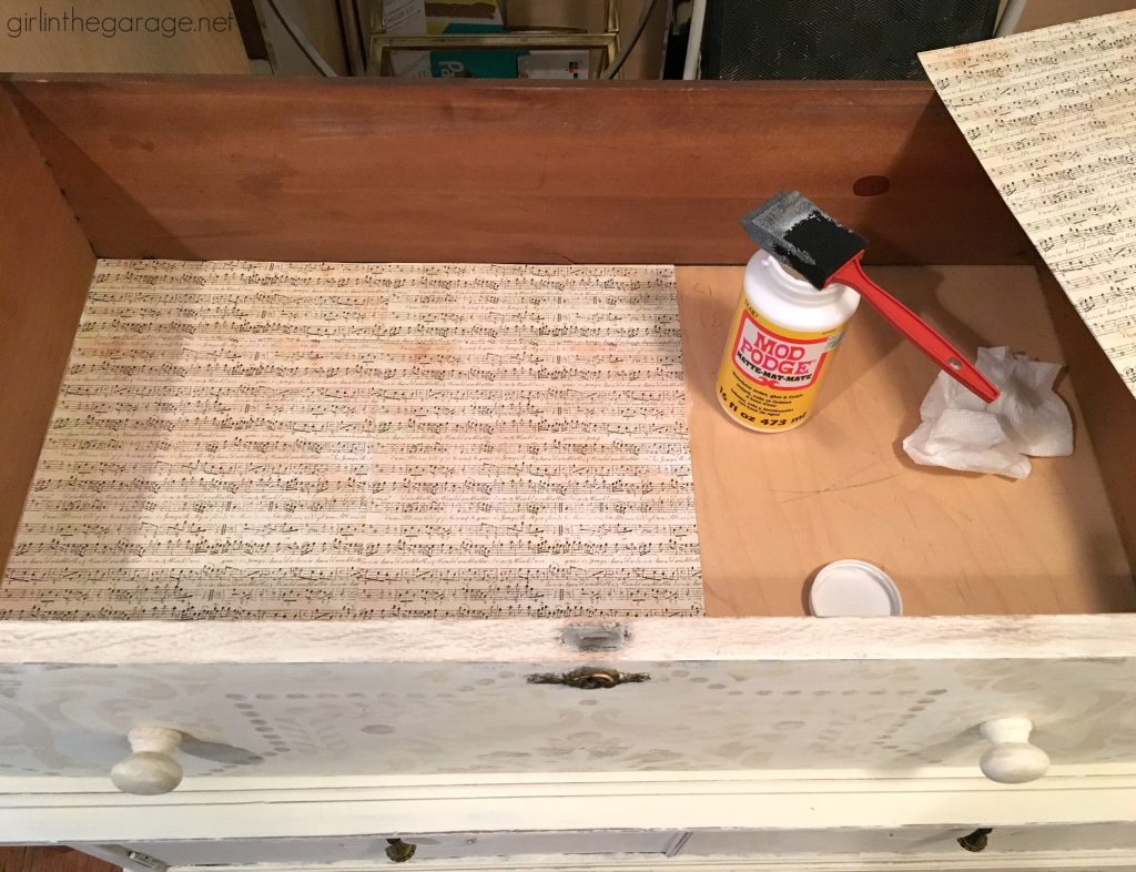 Antique dresser makeover - yard sale highboy with Chalk Paint, stencil, and decoupage drawers - a soft rustic bohemian look by Girl in the Garage