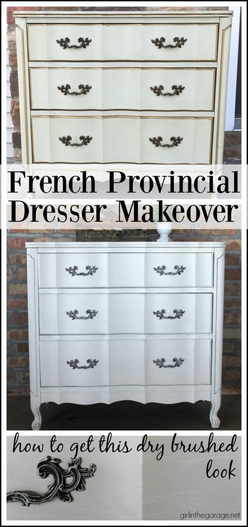 Vintage French Provincial dresser makeover updated with dry brushed paint technique using Fusion Mineral Paint and Annie Sloan Chalk Paint. by Girl in the Garage