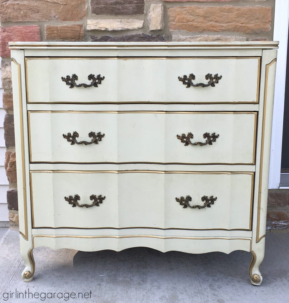 Vintage French Provincial dresser makeover updated with dry brushed paint technique using Fusion Mineral Paint and Annie Sloan Chalk Paint. by Girl in the Garage