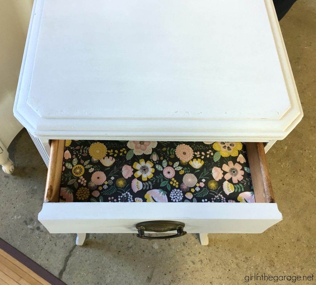 DIY End Table Makeover - Annie Sloan Chalk Paint - Decoupage drawers - by Girl in the Garage