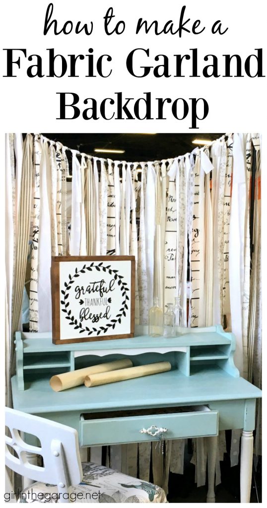 How to make an easy DIY fabric garland backdrop to make a stunning focal wall for parties, weddings, vintage markets, or use as home decor. By Girl in the Garage