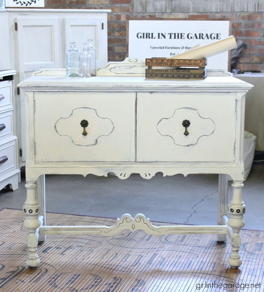 Antique sideboard makeover. How to paint a beautiful white distressed finish with Chalk Paint. By Girl in the Garage