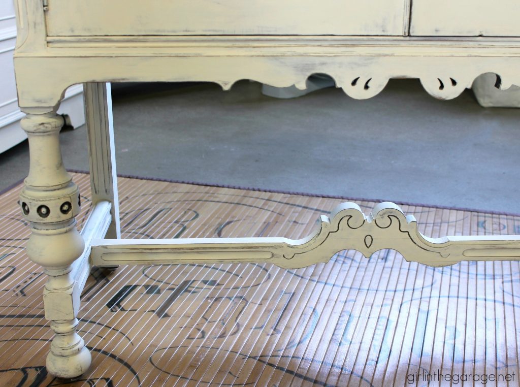 Antique sideboard makeover. How to paint a beautiful white distressed finish with Chalk Paint. By Girl in the Garage