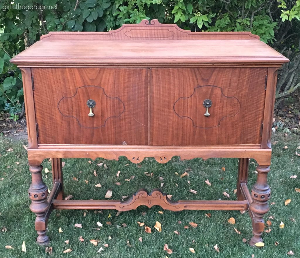 Antique sideboard makeover. How to paint a beautiful white distressed finish with Chalk Paint. By Girl in the Garage