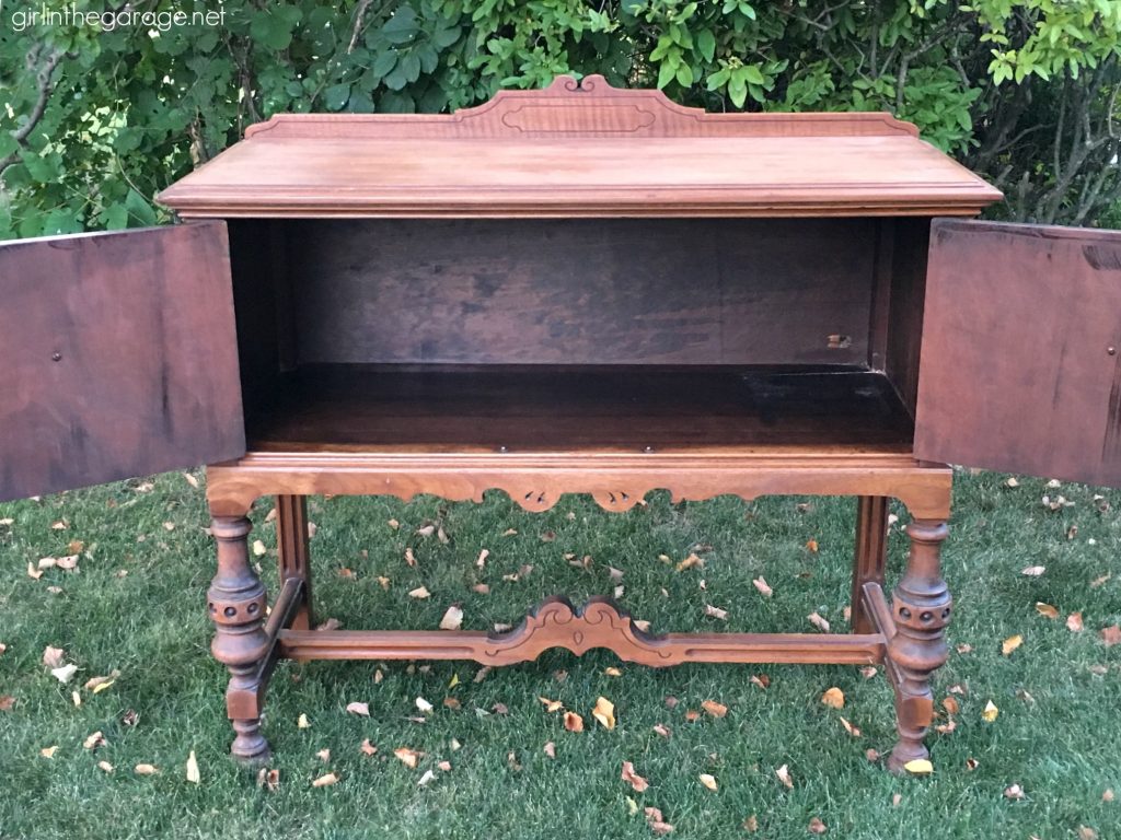 Antique sideboard makeover. How to paint a beautiful white distressed finish with Chalk Paint. By Girl in the Garage