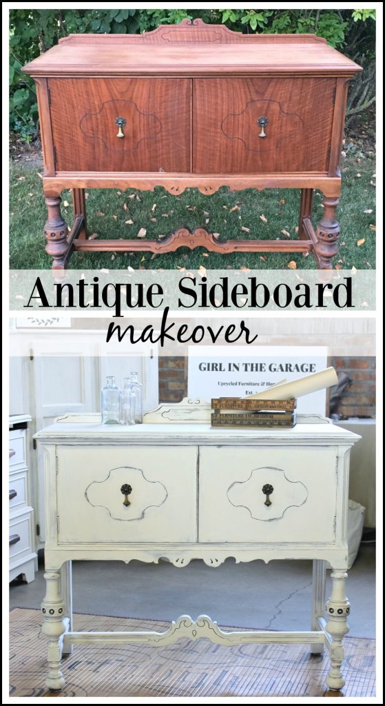 Antique sideboard makeover. How to paint a beautiful white distressed finish with Chalk Paint. By Girl in the Garage