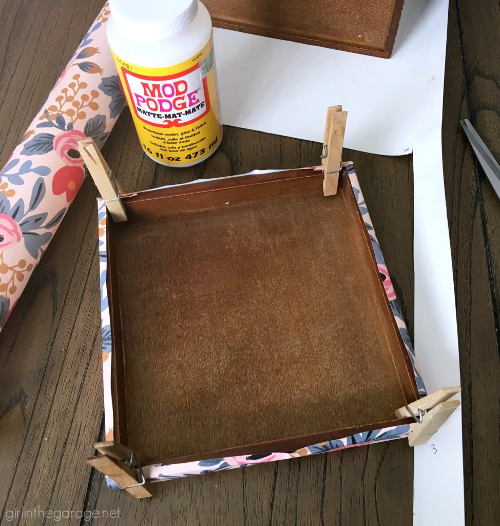 DIY storage box makeover with decoupage wrapping paper from Rifle Paper Co. by Girl in the Garage