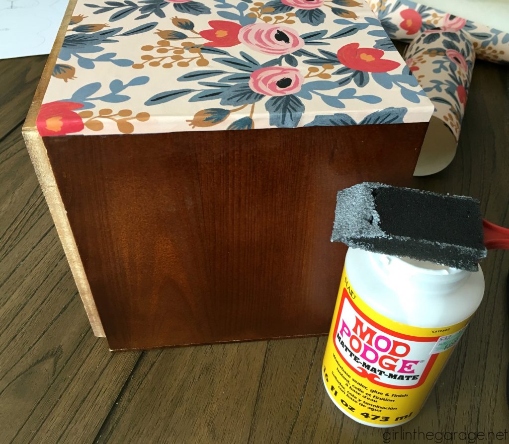 DIY storage box makeover with decoupage wrapping paper from Rifle Paper Co. by Girl in the Garage