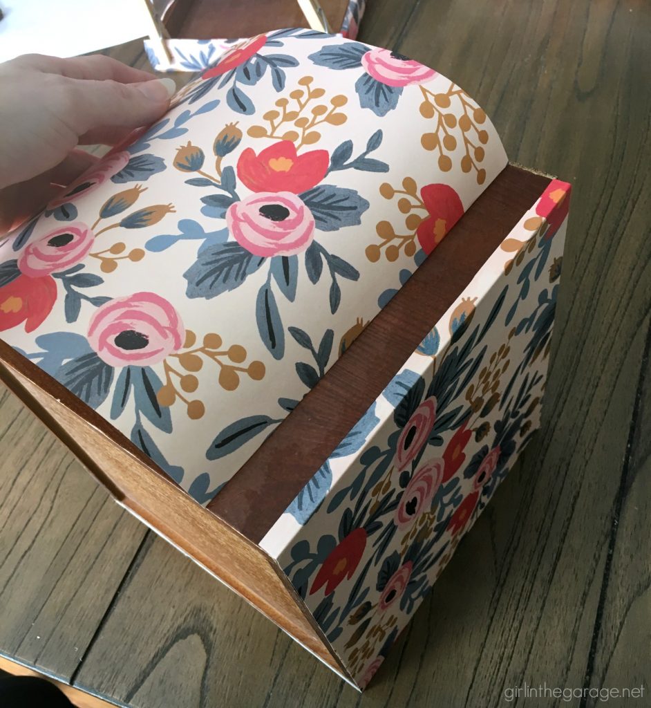 DIY storage box makeover with decoupage wrapping paper from Rifle Paper Co. by Girl in the Garage