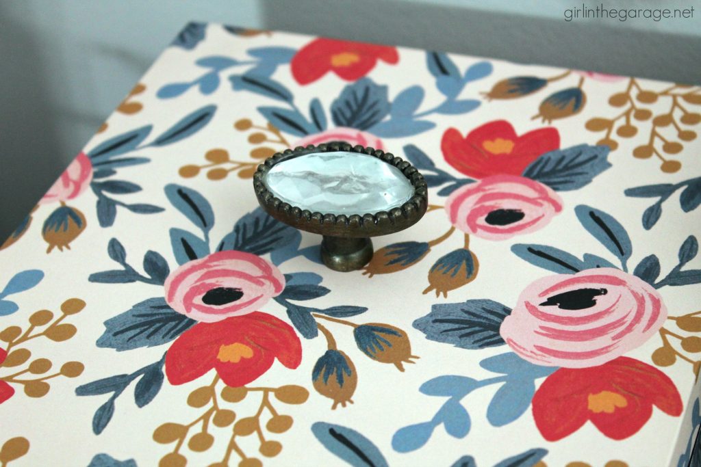 DIY storage box makeover with decoupage wrapping paper from Rifle Paper Co. by Girl in the Garage
