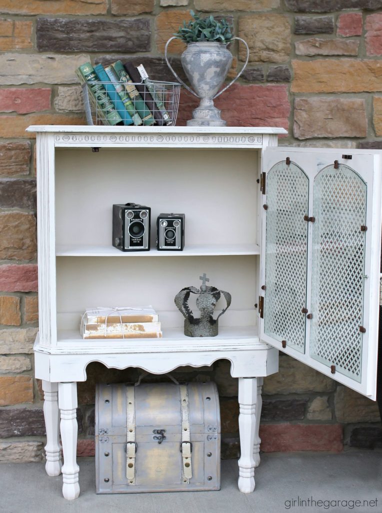 DIY curio cabinet makeover with Chalk Paint. How to add legs to furniture. By Girl in the Garage