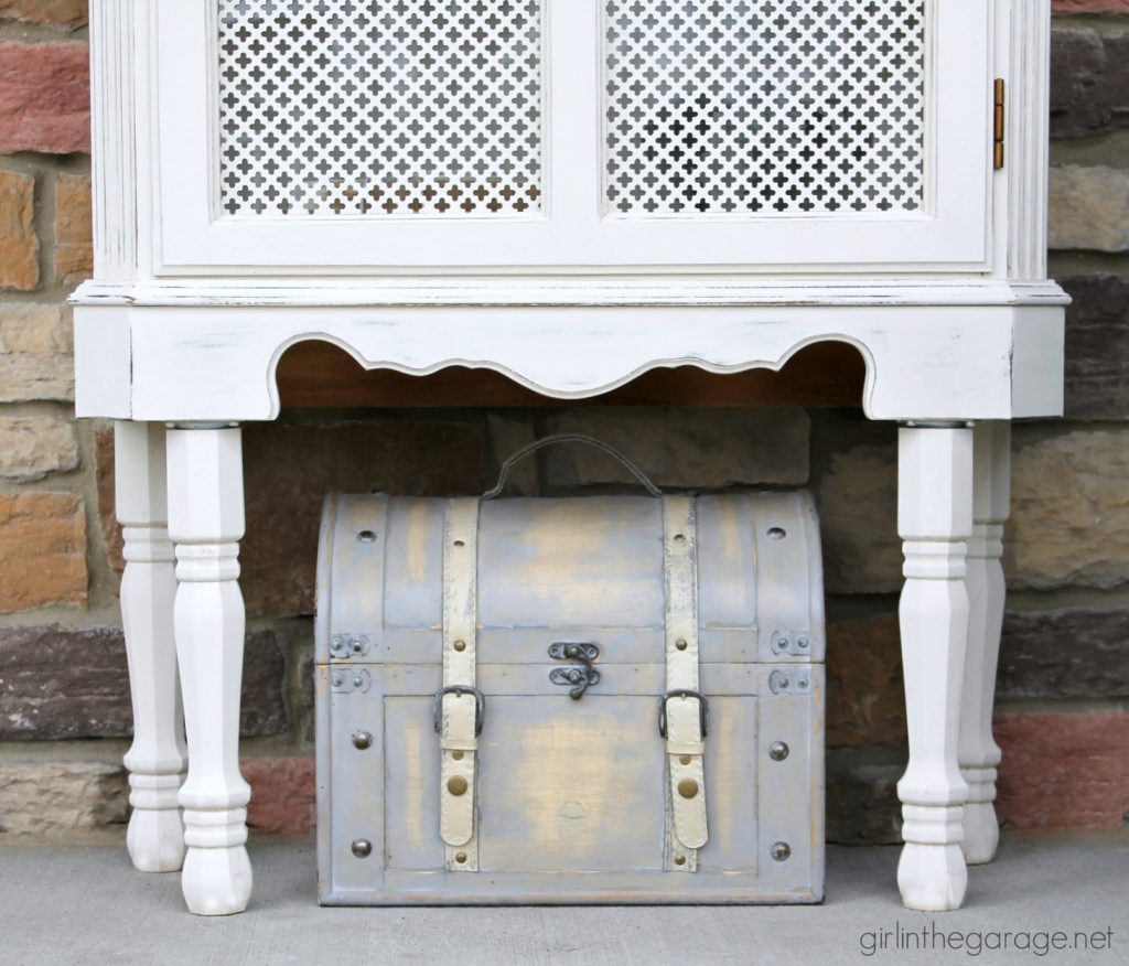 DIY curio cabinet makeover with Chalk Paint. How to add legs to furniture. By Girl in the Garage