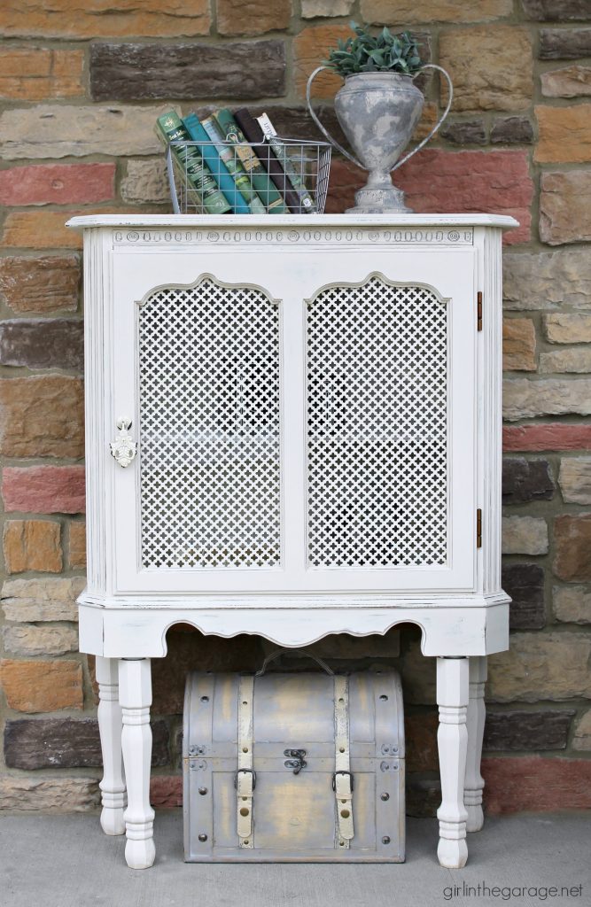 DIY curio cabinet makeover with Chalk Paint. How to add legs to furniture. By Girl in the Garage