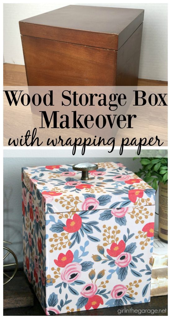 DIY storage box makeover with decoupage wrapping paper from Rifle Paper Co. by Girl in the Garage