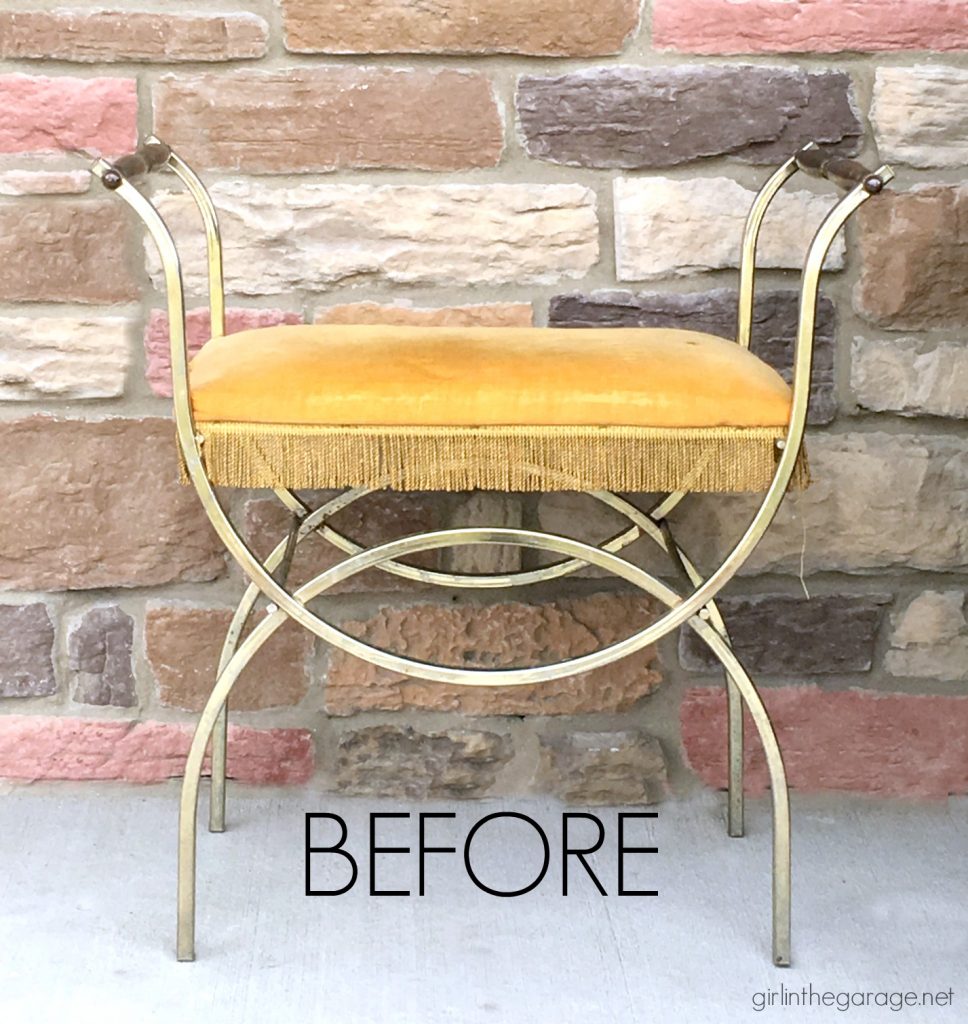 DIY Vintage vanity bench makeover - reupholstered and then updated with Fusion Mineral Paint. By Girl in the Garage