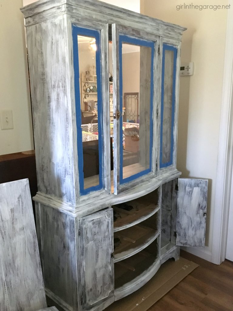 Goodwill antique china cabinet makeover with Chalk Paint and shiplap for a fresh farmhouse look - DIY tutorial by Girl in the Garage