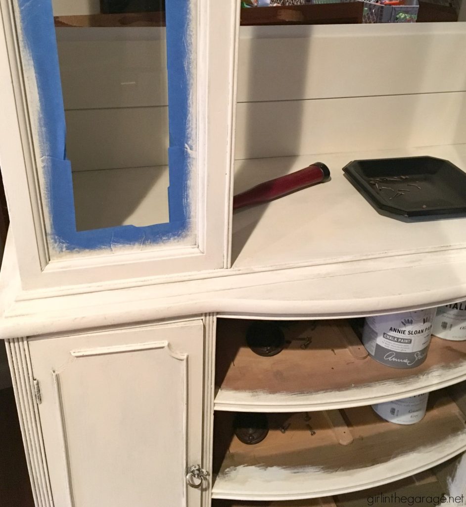 Goodwill antique china cabinet makeover with Chalk Paint and shiplap for a fresh farmhouse look - DIY tutorial by Girl in the Garage