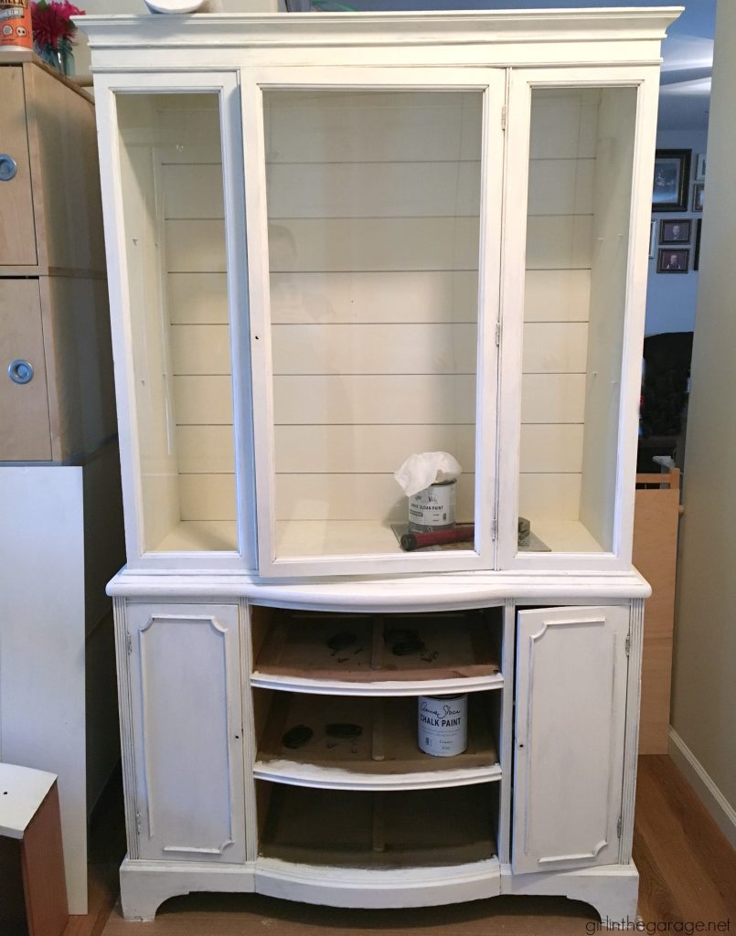 Goodwill antique china cabinet makeover with Chalk Paint and shiplap for a fresh farmhouse look - DIY tutorial by Girl in the Garage