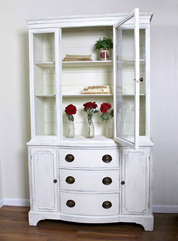 Goodwill antique china cabinet makeover with Chalk Paint and shiplap for a fresh farmhouse look - DIY tutorial by Girl in the Garage