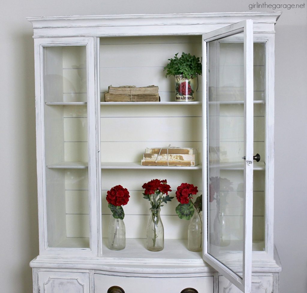 Goodwill antique china cabinet makeover with Chalk Paint and shiplap for a fresh farmhouse look - DIY tutorial by Girl in the Garage