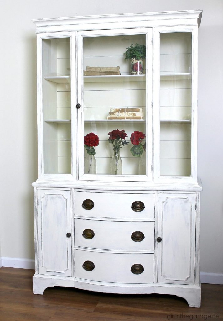 Goodwill antique china cabinet makeover with Chalk Paint and shiplap for a fresh farmhouse look - DIY tutorial by Girl in the Garage