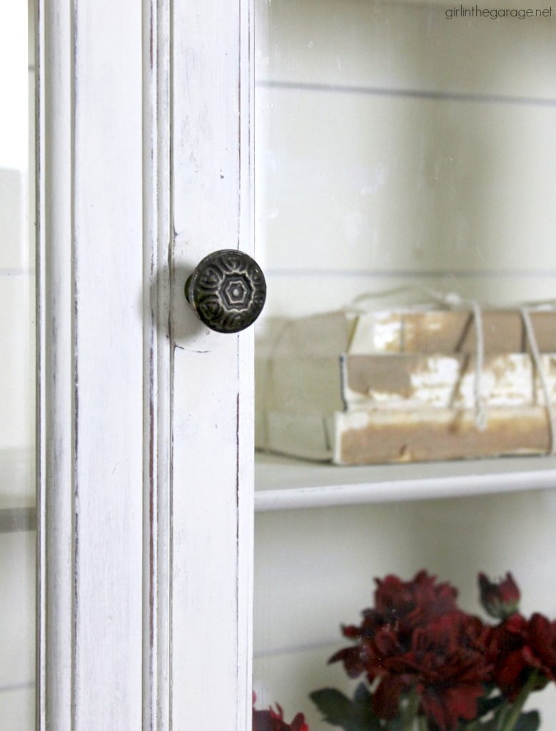 Goodwill antique china cabinet makeover with Chalk Paint and shiplap for a fresh farmhouse look - DIY tutorial by Girl in the Garage