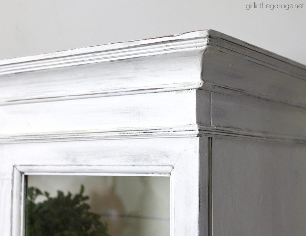 Goodwill antique china cabinet makeover with Chalk Paint and shiplap for a fresh farmhouse look - DIY tutorial by Girl in the Garage