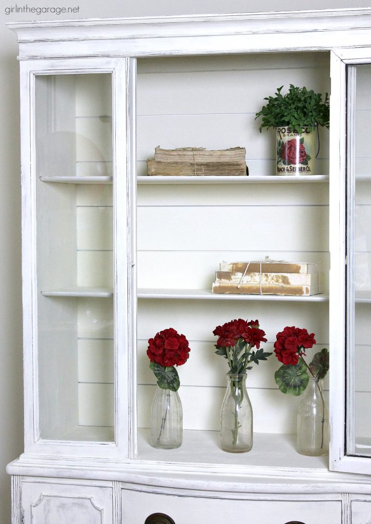 Goodwill antique china cabinet makeover with Chalk Paint and shiplap for a fresh farmhouse look - DIY tutorial by Girl in the Garage