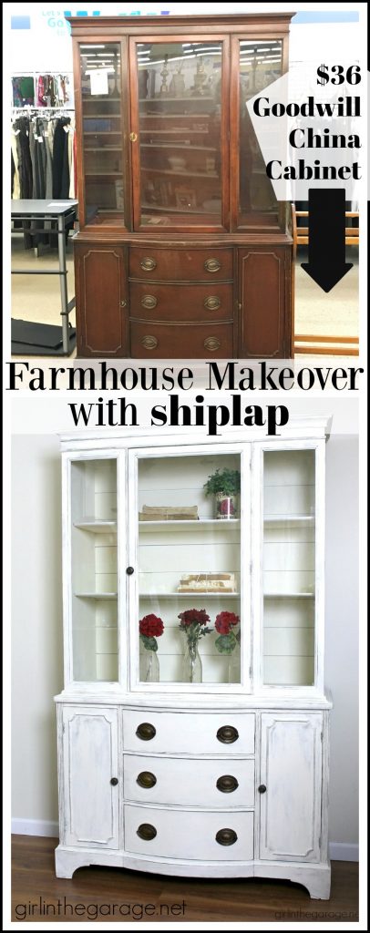 Goodwill antique china cabinet makeover with Chalk Paint and shiplap for a fresh farmhouse look - DIY tutorial by Girl in the Garage