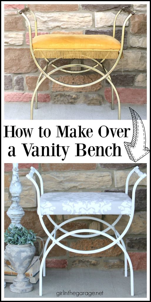 DIY Vintage vanity bench makeover - reupholstered and then updated with Fusion Mineral Paint. By Girl in the Garage