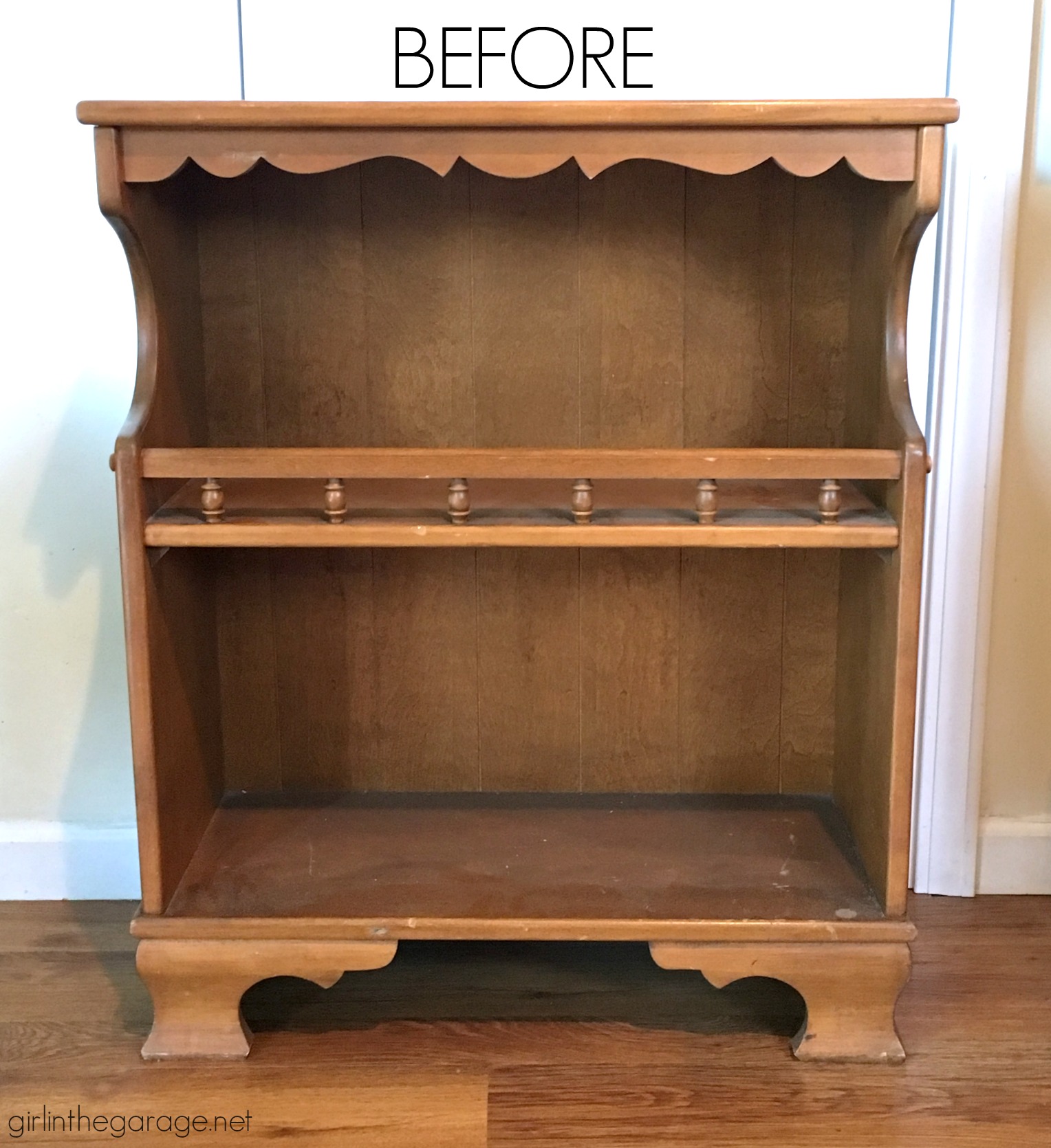 Vintage decoupage bookcase makeover with Chalk Paint, Mod Podge, and napkins - DIY tutorial by Girl in the Garage