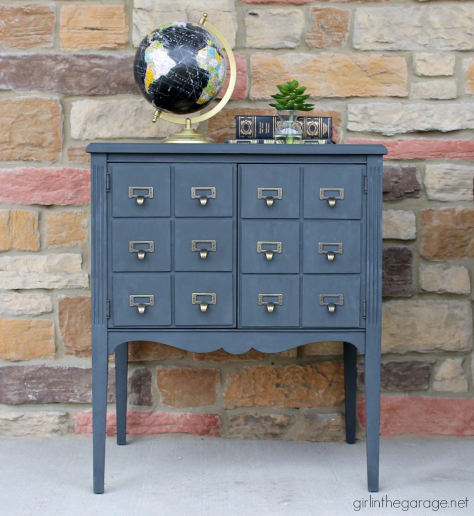 Upcycled record cabinet makeover to faux DIY card catalog with Chalk Paint - tutorial by Girl in the Garage