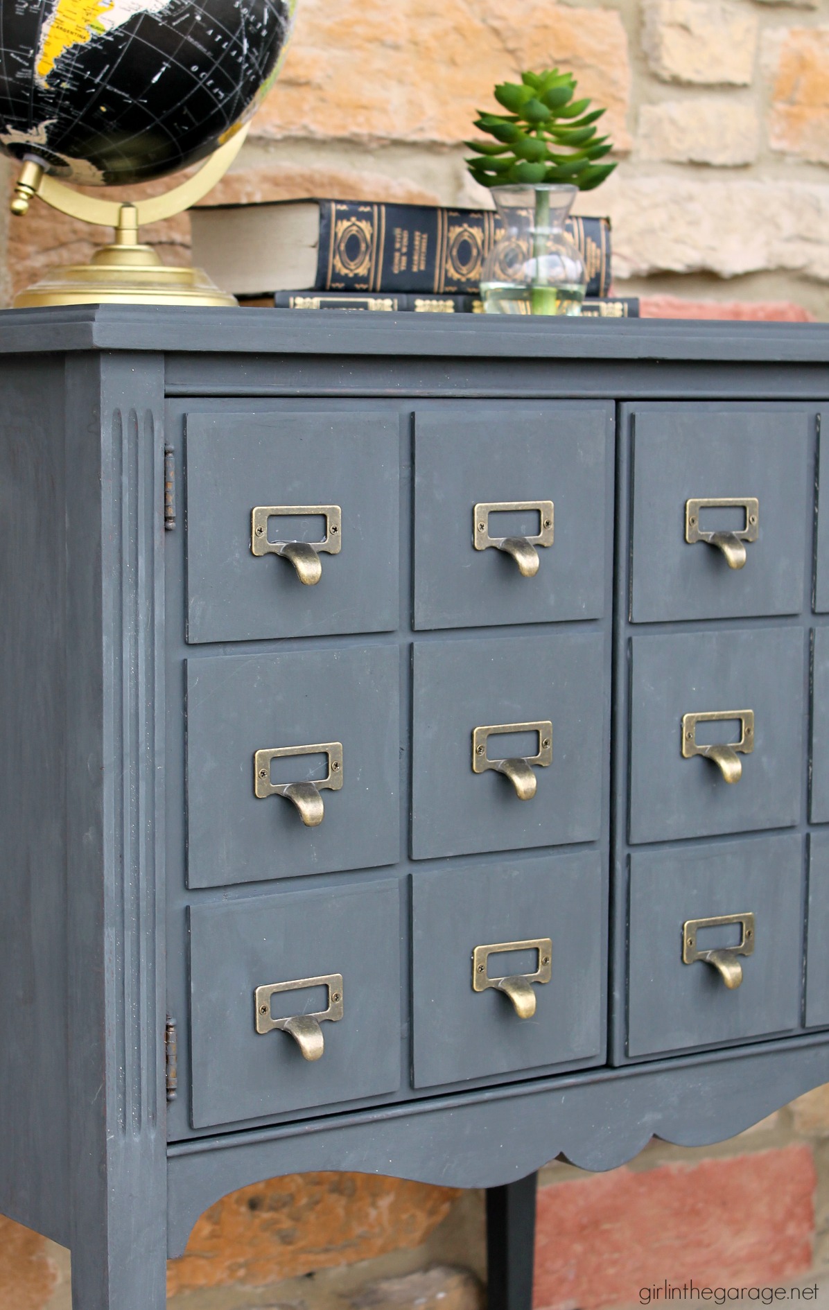 Upcycled record cabinet makeover to faux DIY card catalog with Chalk Paint - tutorial by Girl in the Garage