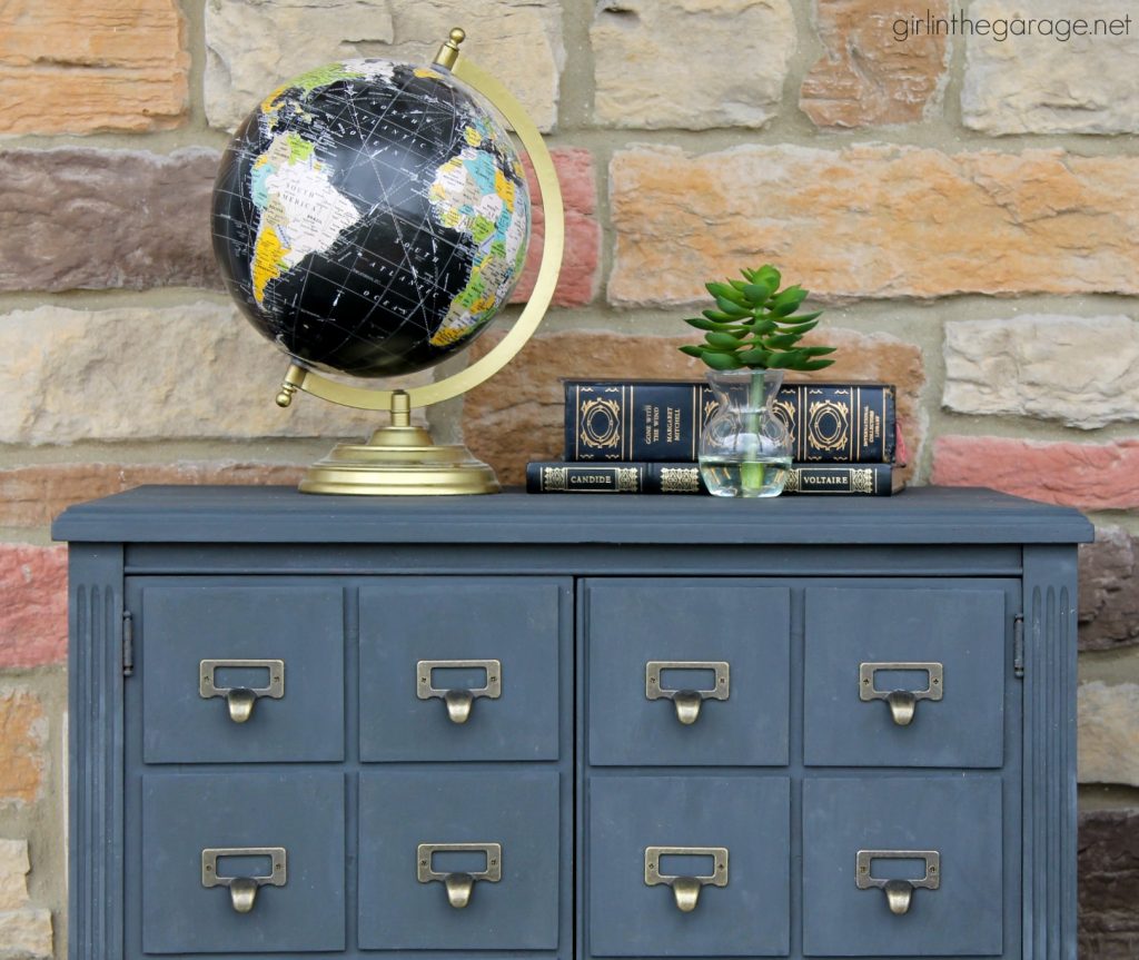 Upcycled record cabinet makeover to faux DIY card catalog with Chalk Paint - tutorial by Girl in the Garage