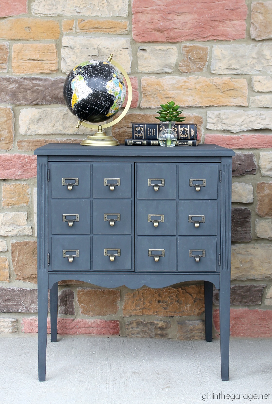 Upcycled record cabinet makeover to faux DIY card catalog with Chalk Paint - tutorial by Girl in the Garage