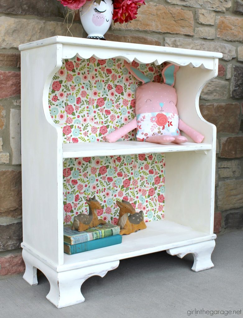 Vintage decoupage bookcase makeover with Chalk Paint, Mod Podge, and napkins - DIY tutorial by Girl in the Garage