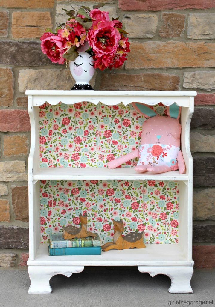 Vintage decoupage bookcase makeover with Chalk Paint, Mod Podge, and napkins - DIY tutorial by Girl in the Garage