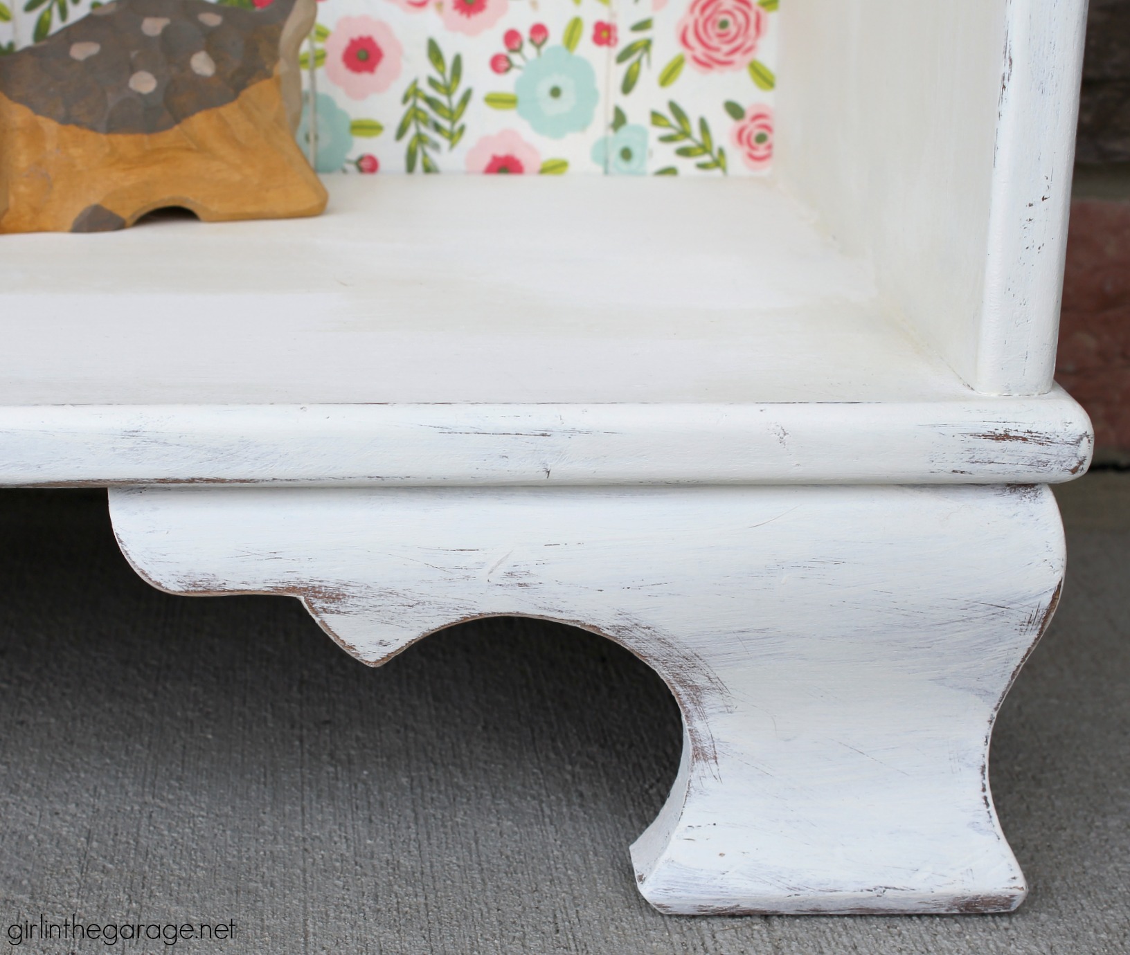 Vintage decoupage bookcase makeover with Chalk Paint, Mod Podge, and napkins - DIY tutorial by Girl in the Garage