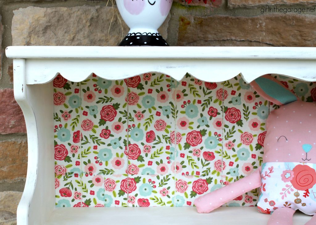 Vintage decoupage bookcase makeover with Chalk Paint, Mod Podge, and napkins - DIY tutorial by Girl in the Garage