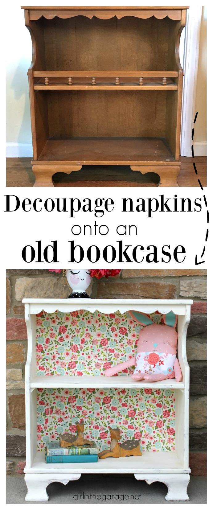 Vintage decoupage bookcase makeover with Chalk Paint, Mod Podge, and napkins - DIY tutorial by Girl in the Garage