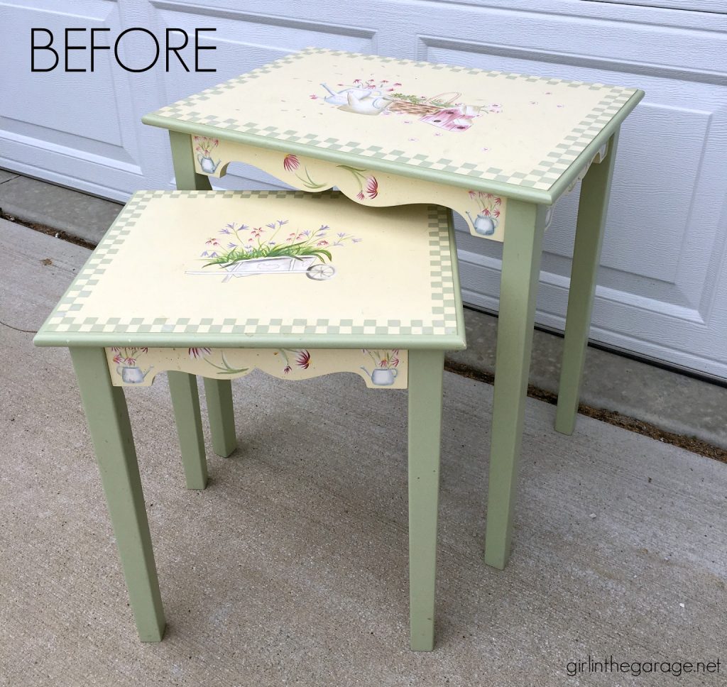 Nesting tables makeover with Chalk Paint and French image transfer. DIY tutorial by Girl in the Garage