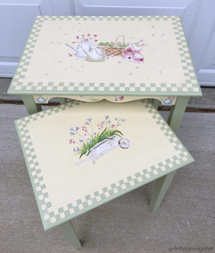Nesting tables makeover with Chalk Paint and French image transfer. DIY tutorial by Girl in the Garage