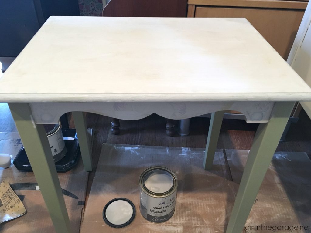 Nesting tables makeover with Chalk Paint and French image transfer. DIY tutorial by Girl in the Garage