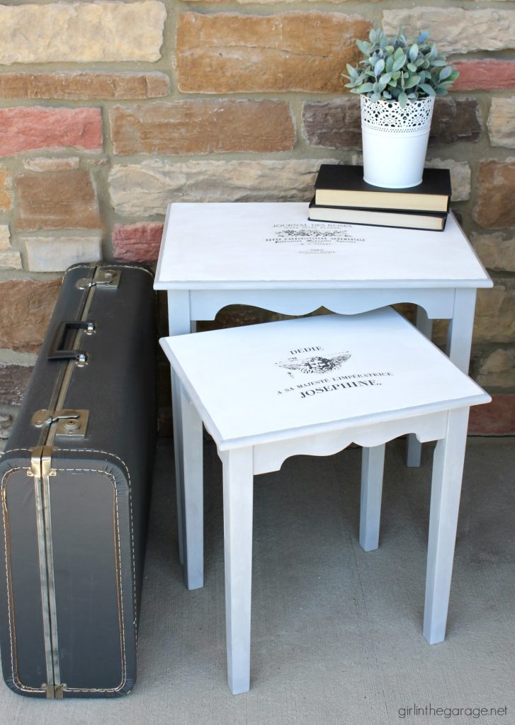 Nesting tables makeover with Chalk Paint and French image transfer. DIY tutorial by Girl in the Garage