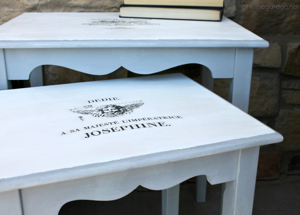 Nesting tables makeover with Chalk Paint and French image transfer. DIY tutorial by Girl in the Garage