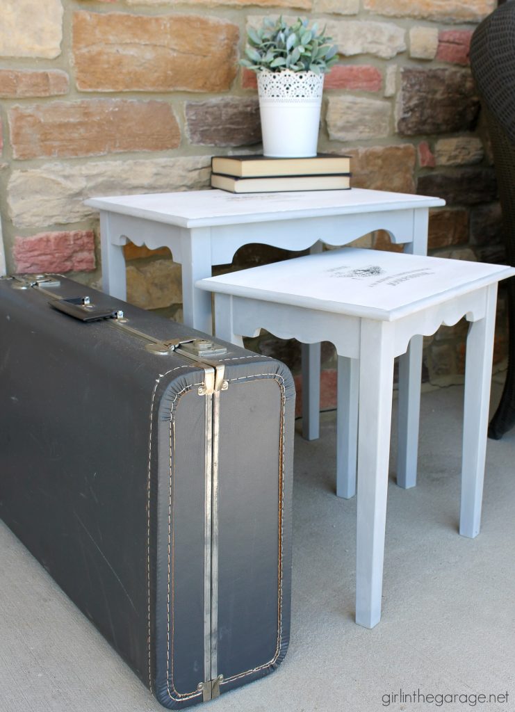 Nesting tables makeover with Chalk Paint and French image transfer. DIY tutorial by Girl in the Garage