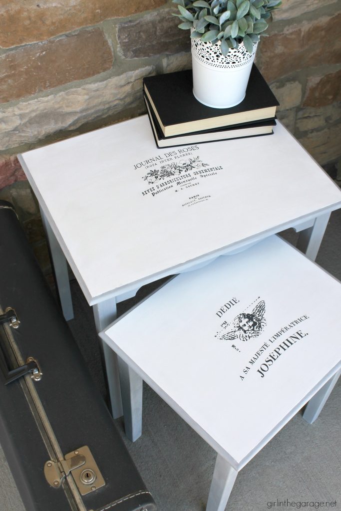 Nesting tables makeover with Chalk Paint and French image transfer. DIY tutorial by Girl in the Garage