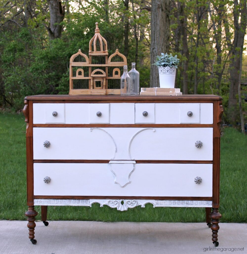 DIY Thrifted antique dresser makeover with stain and Chalk Paint - a two-tone makeover tutorial by Girl in the Garage