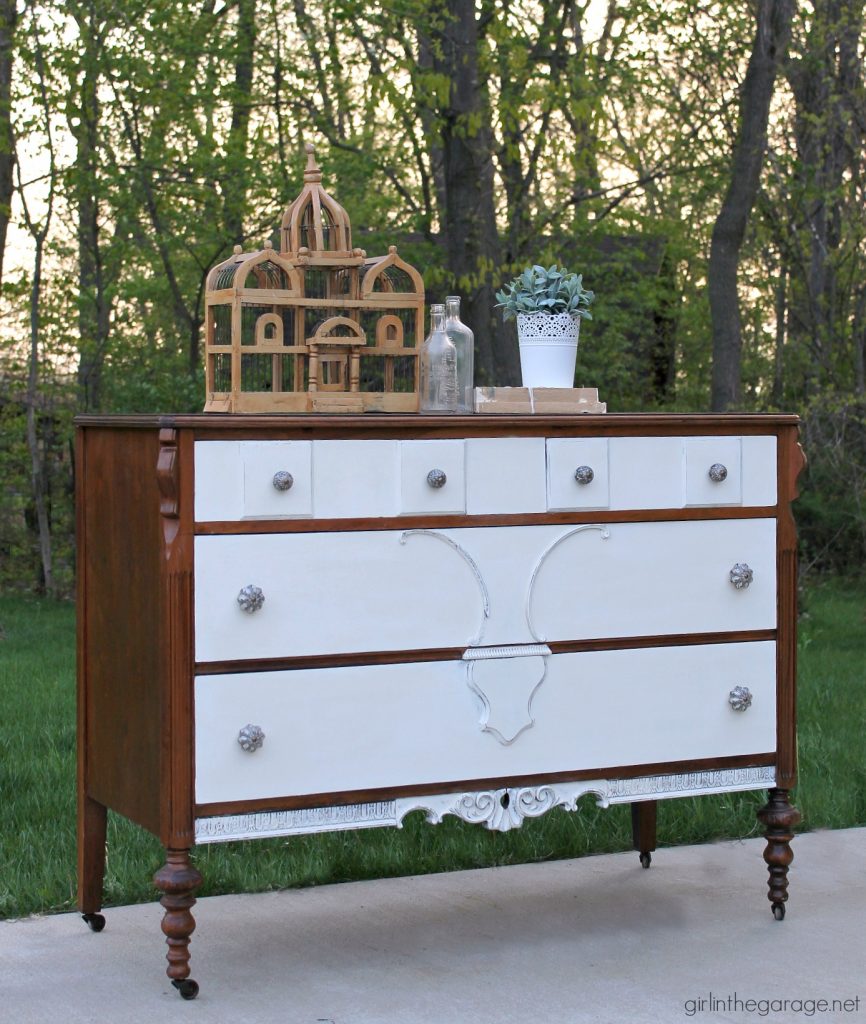 DIY Thrifted antique dresser makeover with stain and Chalk Paint - a two-tone makeover tutorial by Girl in the Garage